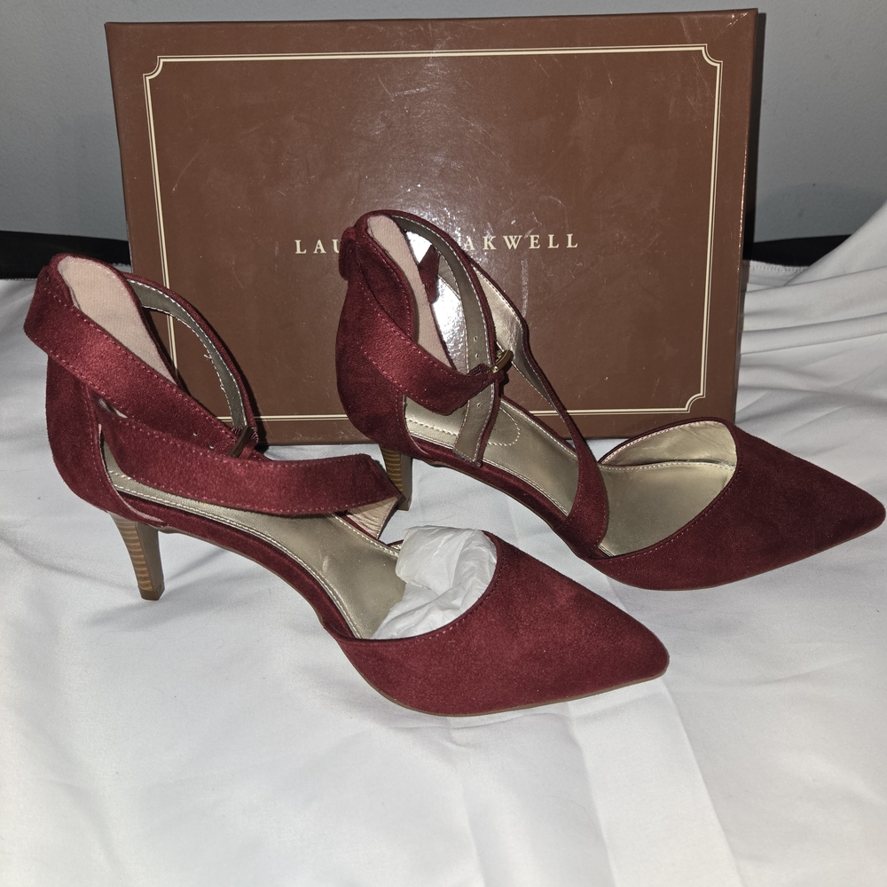 Lauren Blakwell Burgundy Suede Pointed Toe Ankle Strap Heels Pumps Size 8 - Picture 4 of 6